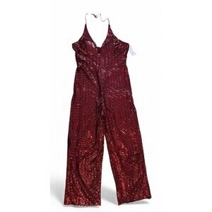 Premier Amour Burgundy Sequin Halter Jumpsuit Women’s Sz 16 Formal Evening Party